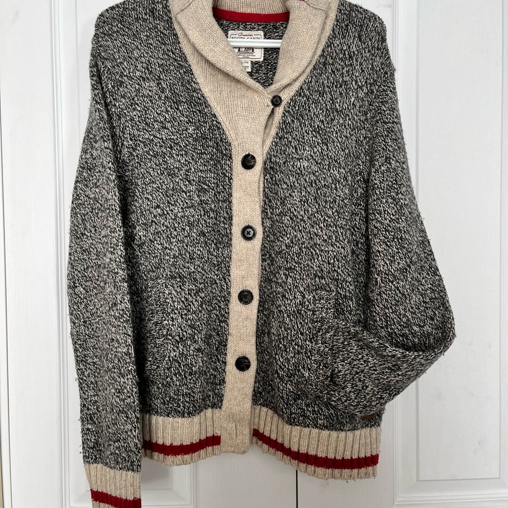 Roots Marled Black & Cream Shawl Collar Cardigan with Red Trim